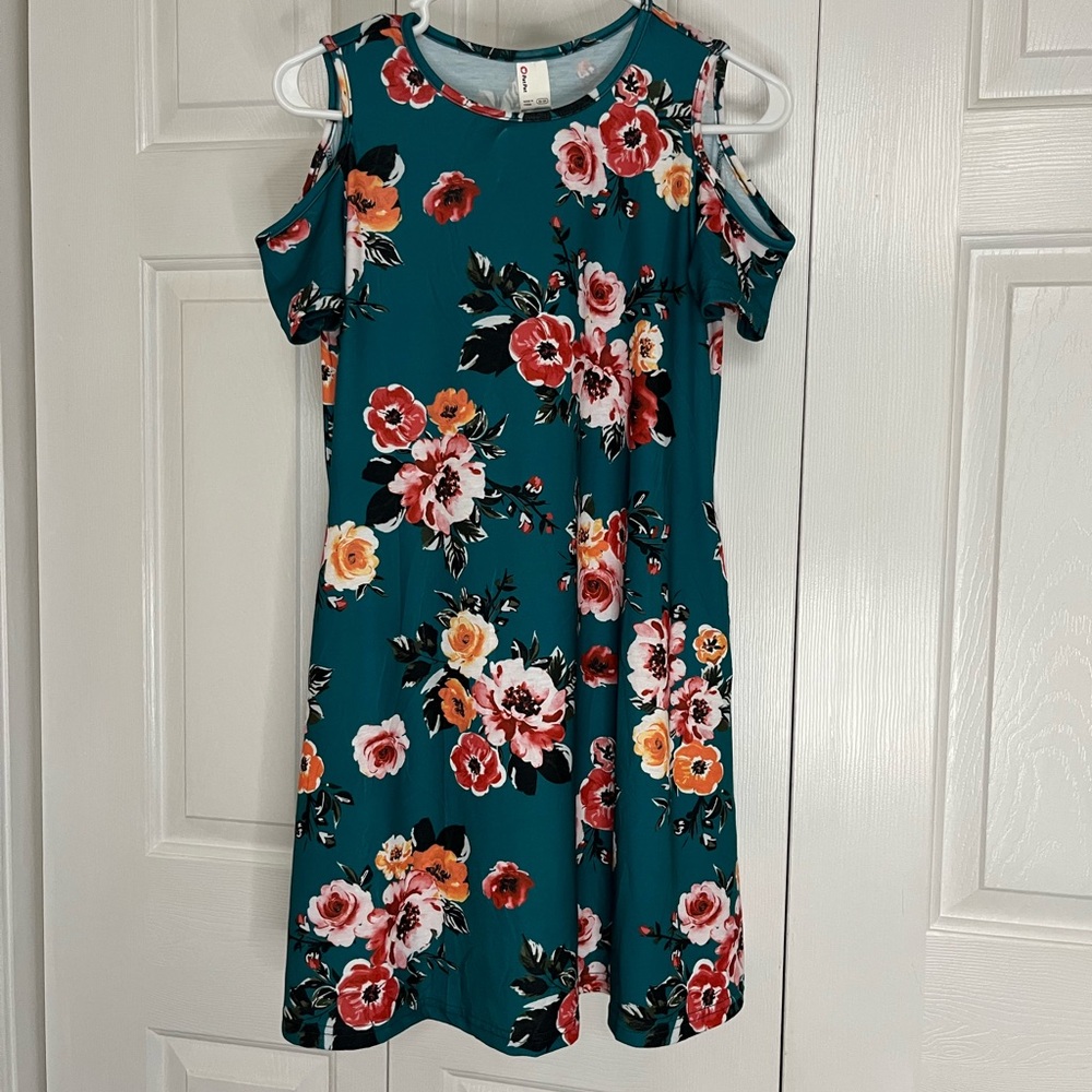PatPat Teal Floral Cut-Out Sleeve Dress